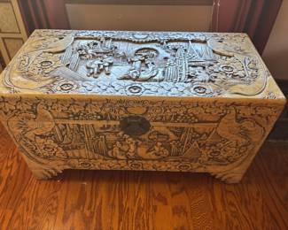 Wood Chest Asian Carved Motif. $250.00.    35”w 17” d 19”t