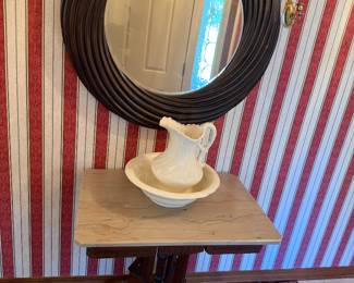 Eastlake Marble Top Table $250.00. 30.5”w 21.5”d 28.5”t. Wash Basin $150.00 Round Mirror $150.00