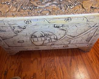Wood Chest Asian Carved Motif. $250.00.    35”w 17” d 19”t