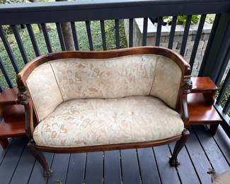 ONLY $45. Antique Settee. Walnut wood frame with carved Lion Heads. Upholster needs cleaning. Text Mike 352-281-1822 if you want to buy it.