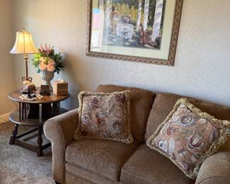 Antique Side Table & LoveSeat with decorative pillows