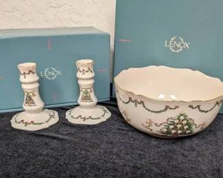 Vintage Lenox The Joys of Christmas Bowl  Candlesticks
