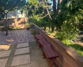 outdoor Redwood benches, large pot w/plant