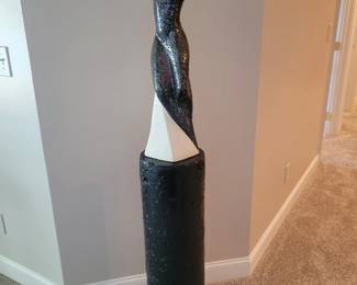 3’ Black Polyresin Pedestal, 10” Diameter with 31” Slip Cast Ceramic female figure. Vintage 1990’s 