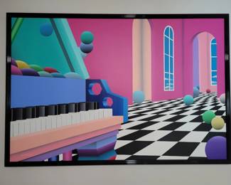Grand Ballroom by listed artist Stan Solomon (b.1946) Acrylic on Canvas, 62” x 42” Purchased by the owner from the artist. Painted in 1991. Born in New York City and living in St. Louis, Missouri, Stan Solomon works with acrylic paint and creates images in a style best described as neo-geo. His intention is to make the viewer feel like he or she is taking a voyage in outer space "where they see brightly colored spheres and geometric forms that make up the fantastic 21st century images" of a futurist painter.