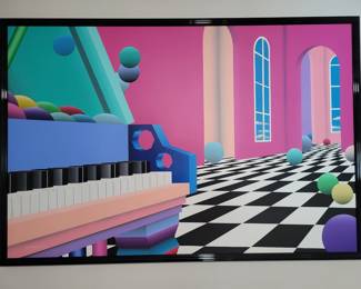 Grand Ballroom by listed artist Stan Solomon (b.1946) Acrylic on Canvas, 62” x 42” Purchased by the owner from the artist. Painted in 1991. Born in New York City and living in St. Louis, Missouri, Stan Solomon works with acrylic paint and creates images in a style best described as neo-geo. His intention is to make the viewer feel like he or she is taking a voyage in outer space "where they see brightly colored spheres and geometric forms that make up the fantastic 21st century images" of a futurist painter.