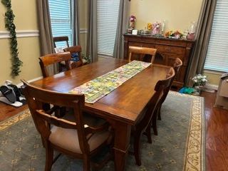 Solid Birch Dining Table + 8 Chairs, Leaf to expand stored under table top