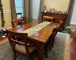 Solid Birch Dining Table + 8 Chairs, Leaf to expand stored under table top