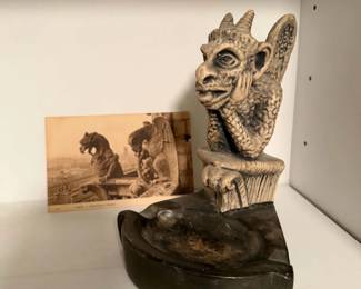 Vintage Notre-Dame Gargoyle Cast Stone Ash-tray and Post Card