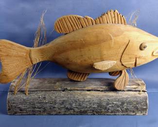Hand-Carved Fish Sculpture, Approx 11" x 19" x 7"