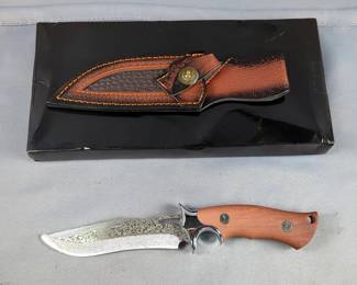 Fixed Blade 5.5" Damascus Knife With Wood Handle, In Leather Sheath