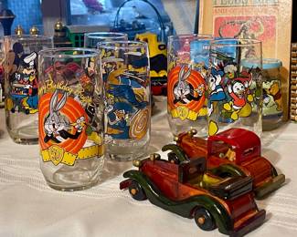 COLLECTIBLE CHARACTER GLASSES, WOOD CARS