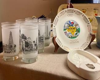 TEXAS 150TH ANNIVERSARY LANDMARK HIGHBALL GLASSES, 1956 TEXAS CALENDAR PLATE