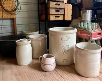 CROCKS INCLUDING WESTERN STONEWARE 10 GALLON CROCK, BUTTER CHURN, OLD CRATES