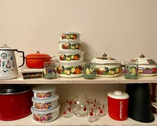 VINTAGE FOLK ART ENAMELED PERCOLATOR COFFEE POT, ENAMELED STORAGE BOWL SET, ENAMELED CASSEROLE POTS, RETRO PLASTIC COFFEE CANISTER