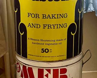 VINTAGE LARGE CRUSTENE AND MFB SHORTENING CANS-IS THIS WHAT MRS SCHOELLMANN AT THE CITY CAFE FRIED THOSE DONUTS IN??  HMMMMM…..