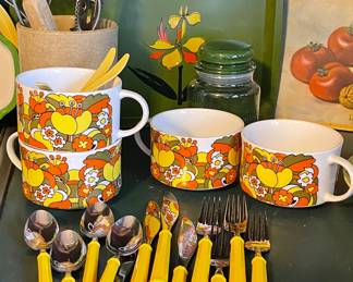 MCM SOUP BOWLS, VINTAGE TRAYS, YELLOW HANDLE FLATWARE