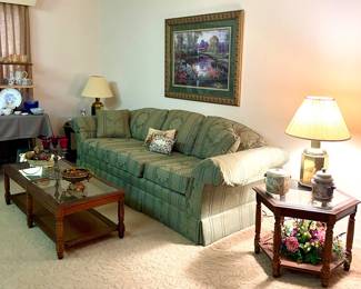 COUCH, VINTAGE COFFEE AND END TABLES, BRASS LAMPS