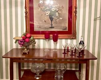 MCM CONSOLE/SOFA TABLE, FRAMED FLORAL PRINT, VINTAGE SEQUIN FRUIT