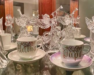GLASS ANGELS, VINTAGE MAMA AND PAPA CUP/SAUCERS