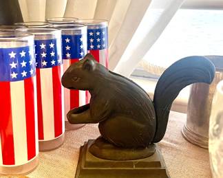 VINTAGE CAST IRON SQUIRREL NUTCRACKER, FLAG GLASSES
