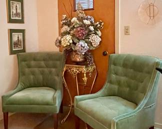 VINTAGE MINTY GREEN UPHOLSTERY CHAIRS, VICTORIAN GILT CAST IRON PLANT STAND, FLORAL ARRANGEMENT IN BRASS PLANTER