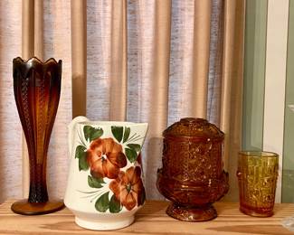 MCM AMBER FAIRY LAMP, INDIANA GLASS TIARA EXCLUSIVE “ZIPPER” PATTERN TRUMPET VASE