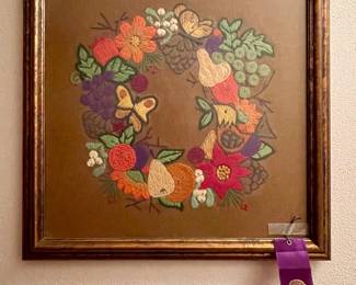GARWOOD LIONS CLUB BLUE RIBBON WINNER LOVELY FRAMED CREWEL WORK