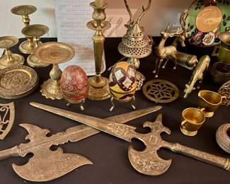 MCM MEDIEVAL BRASS DECORATIVE WALL HANGINGS, BRASS EGGS, BRASS CANDLEABRAS