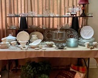 VINTAGE KNOWLES DISH SET, GLASS PEDESTAL CAKE PLATE, SERVING PLATTERS AND BOWLS