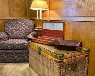 WICKER STORAGE CHEST, ROCKING CHAIR, LAMP