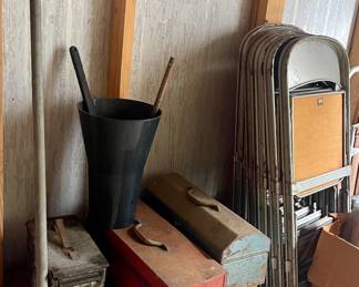 AMMO BOX, TOOL BOXES, VINTAGE FOLDING CHAIRS