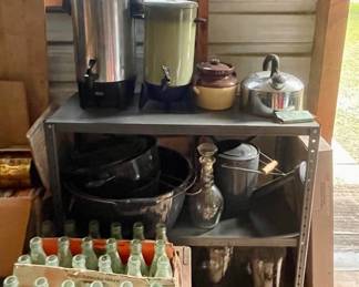 VINTAGE COKE CRATES & COKE BOTTLES, VINTAGE PERCOLATOR COFFEE POTS, METAL SHELF