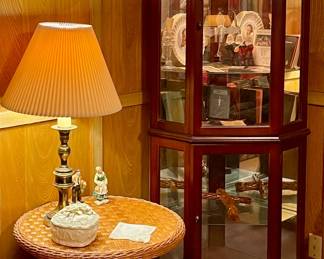 VINTAGE WICKER TABLE, LIGHTED CORNER CURIO CABINET