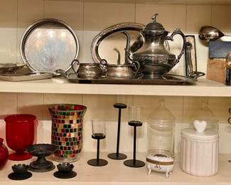 SILVER PLATE, CANDLE HOLDERS AND VASES