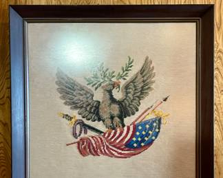 FRAMED EMBROIDERY PATRIOTIC EAGLE & FLAG PICTURE