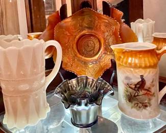VINTAGE MILK GLASS CREAMER, CARNIVAL GLASS 