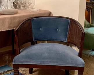MCM BARREL CHAIR WITH BLUE VELOUR UPHOLSTERY 