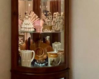 VINTAGE CURVED GLASS LIGHTED CORNER CURIO CABINET