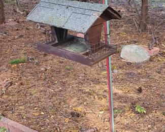wooden hopper bird feeder with dual suet cages