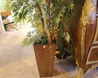 2 - Artificial floor tree and tall decorative planter.