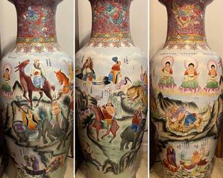 Chinese Famille Rose Floor Vase with Buddhist Luohan Figures B3KA