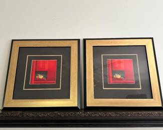 Two Red  Black Minimalist Prints and Wall Shelf B3SA