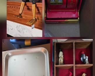 • Vintage carhop tray, Buddy L cash register bank, birds, Primitive wooden chicken shelf-sitter