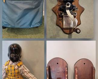 Spinner suitcase (used once), coffee grinder, African American doll, Dark wood hanging candle sconces