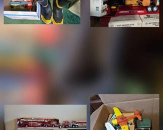 Fireman boots, fire trucks, Tonka trucks, Tonka car carrier, 18-Wheeler, Tractor Trailers, Truck banks