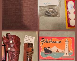 Civil War bullets, U.S. Military Pins, vintage postcards, gun holster, WWII U.S. M3 trench knife with scabbard