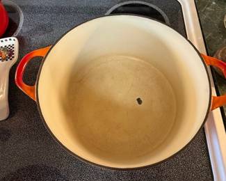 Vintage Descoware 2-E 10 Flame Orange Enameled Cast Iron Dutch Oven