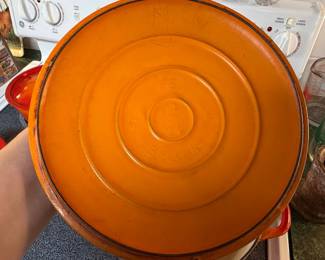 Vintage Descoware 2-E 10 Flame Orange Enameled Cast Iron Dutch Oven