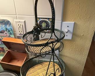 Vintage Princess House Meridian 2-Tiered Wicker and Metal Fruit Basket